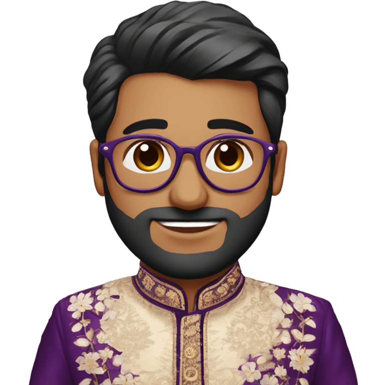 Fair skinned indian bridegroom wearing purple sherwani with floral design and wearing aviator style spectacles emoji