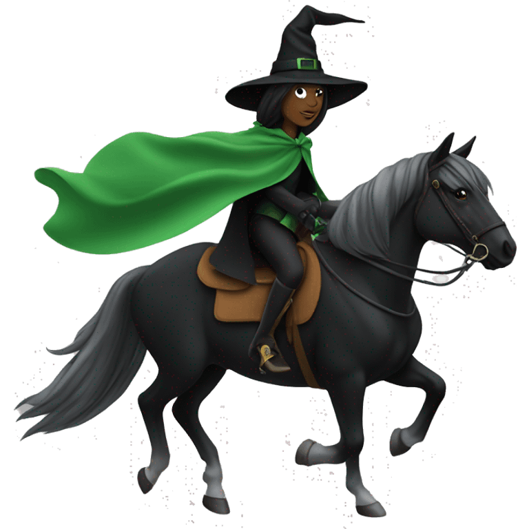 Green witch, black hat and cape, riding a horse emoji