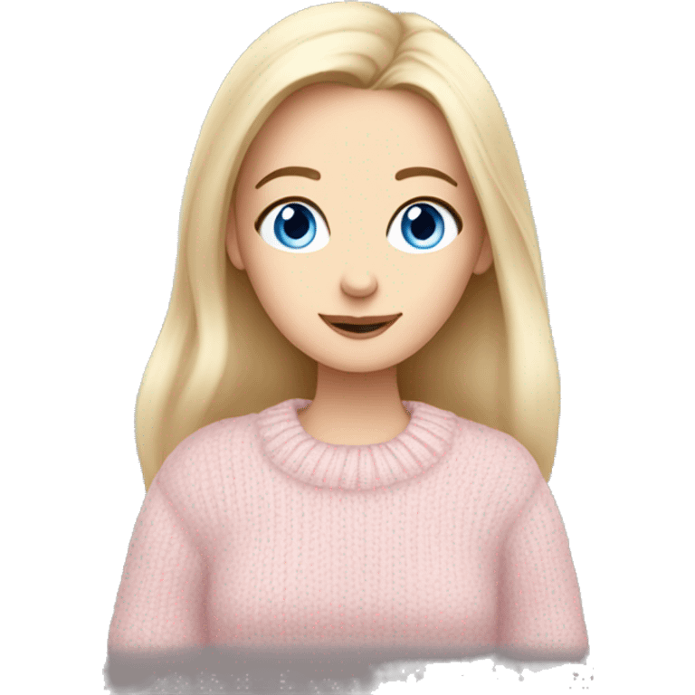 Pretty blue eyed white girl with light pink sweater reading cozy emoji