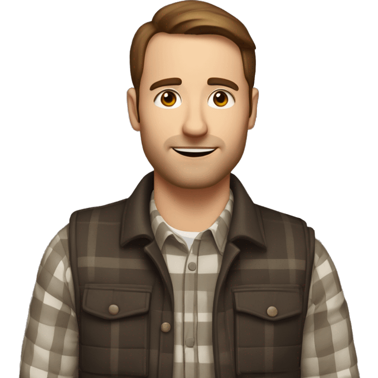 a white 30 year old man with brown hair and stubble in a plaid shirt and gilet  emoji