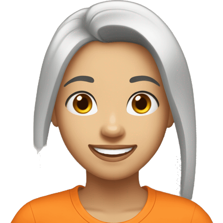 happy woman, black straight hair, light skin color, orange t-shirt writed "AMÉM!" emoji