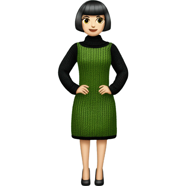 A Romanian woman with a short bob haircut featuring bangs and green eyes, wearing an elegant, straight-fit chunky knit dress with a twist pattern. She completes her look with black heels and dark brown shimmering stockings. emoji