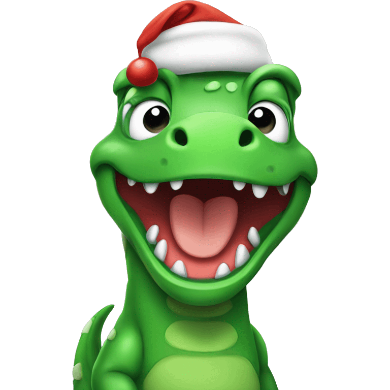 happy green dino wearing santa hat emoji