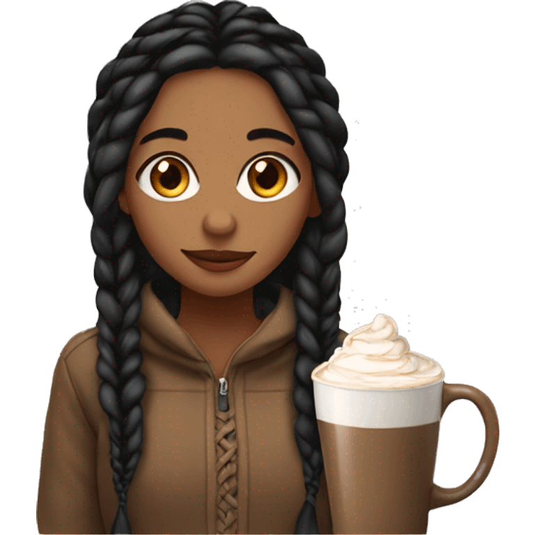 Light brown girl with black long braids and a hot chocolate emoji