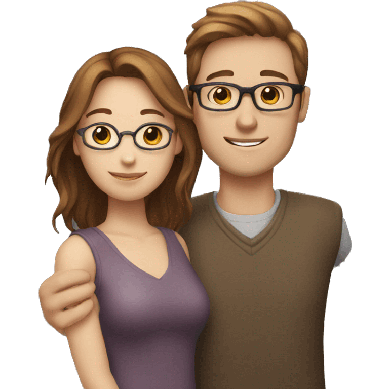 Two people hugging, the woman has white skin and brown hair, and the man has white skin, wears glasses, and has brown hair emoji