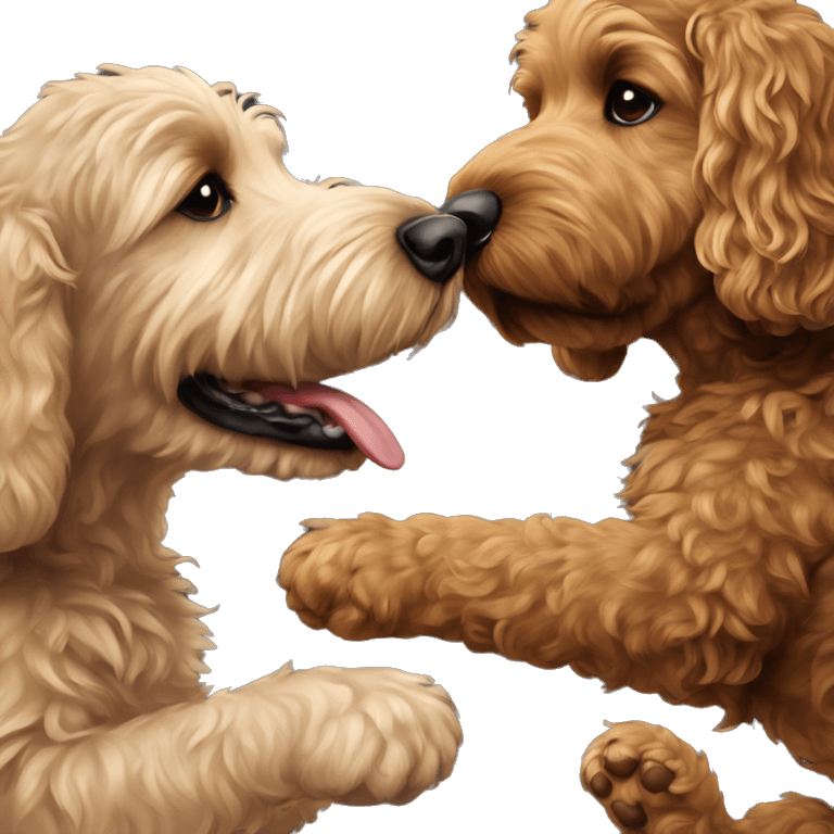 brown goldendoodle dog and small black/white dog giving each other a high five emoji