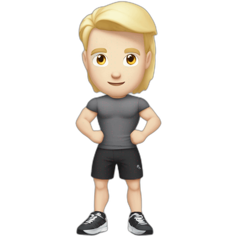 Pale skinned Fit Man With the biceps and blonde hair in black shirt, gray sports shorts and white Sneakers Writing text on the flipchart emoji