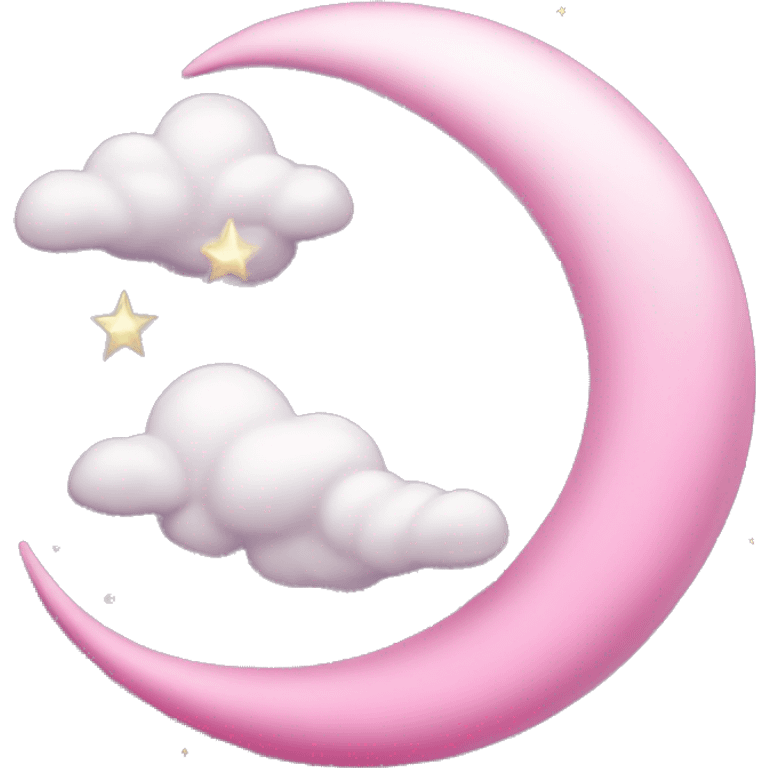 Pink crescent moon with sparkly white clouds emoji