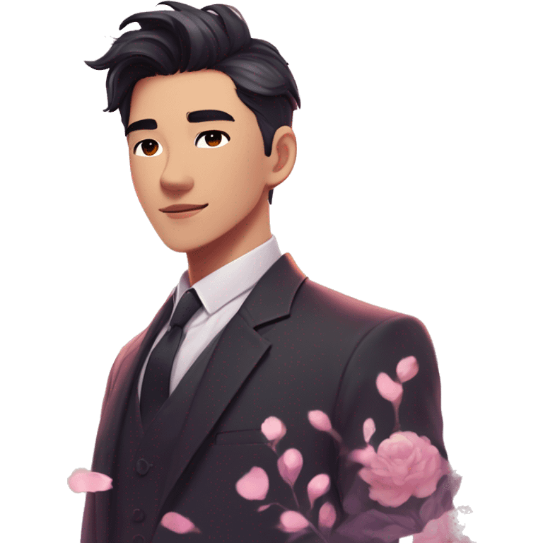 Gorgeous romantic anime style Asian formal modern gentlemanly guy with flowers and blushing face aesthetic trending style outside with colorful gradient bright light colors emoji