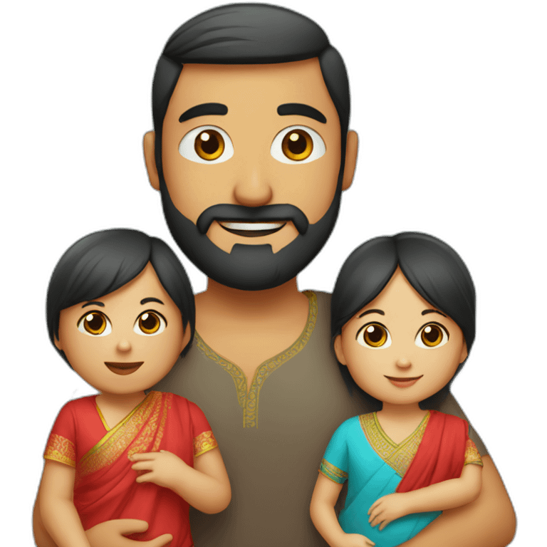 Indian dad with beard and Chinese wife in red and 1 small baby emoji