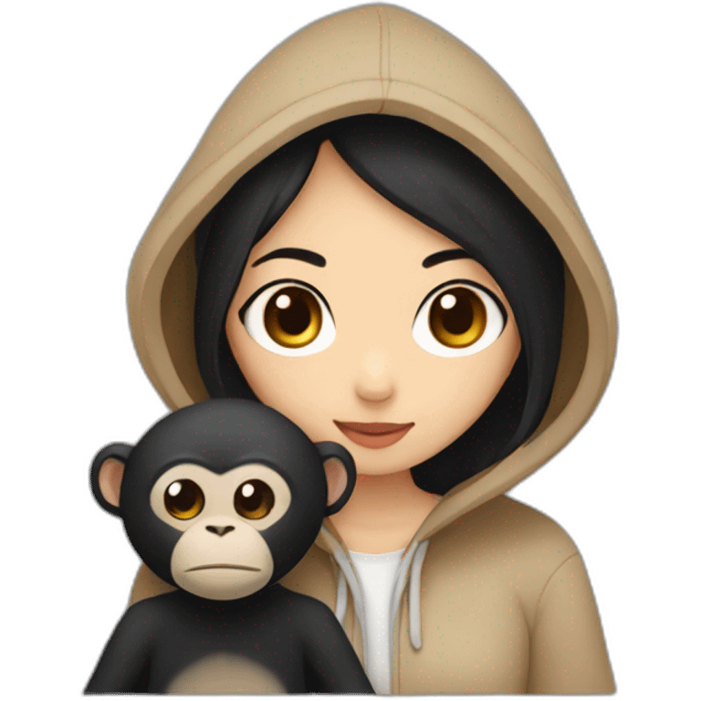 Asian girl with brown eyes and black hair and a hoodie cuddling a monkey emoji