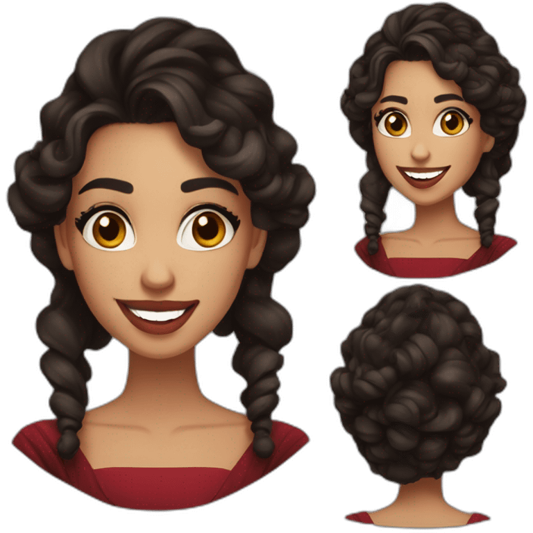 young moroccan woman with dark brown eyes, brown long curling hair with lighter tips, red lips, big smile, cleavage black dress emoji