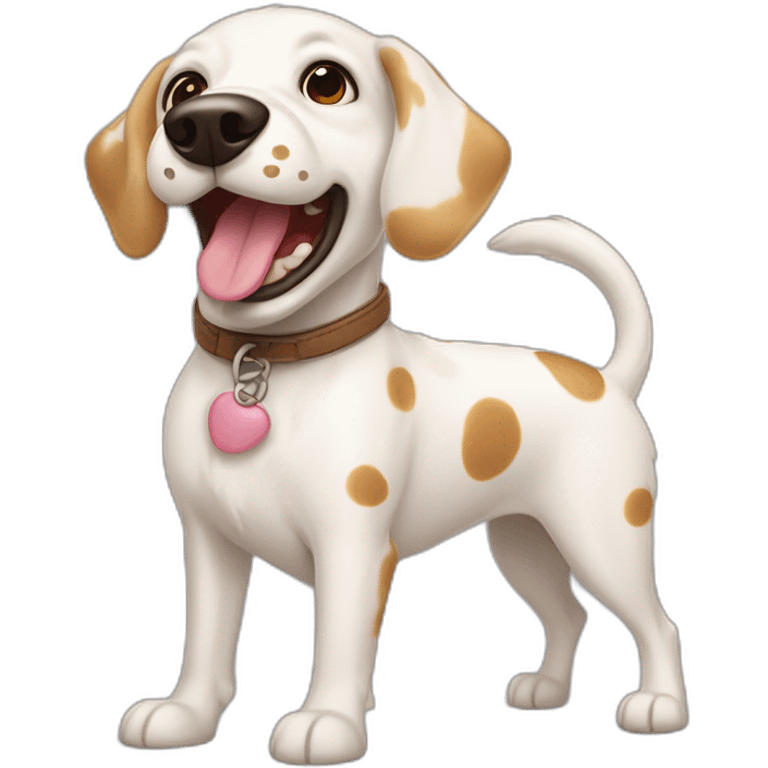 white dog with large caramel-colored spots and ears standing up and tongue out. emoji