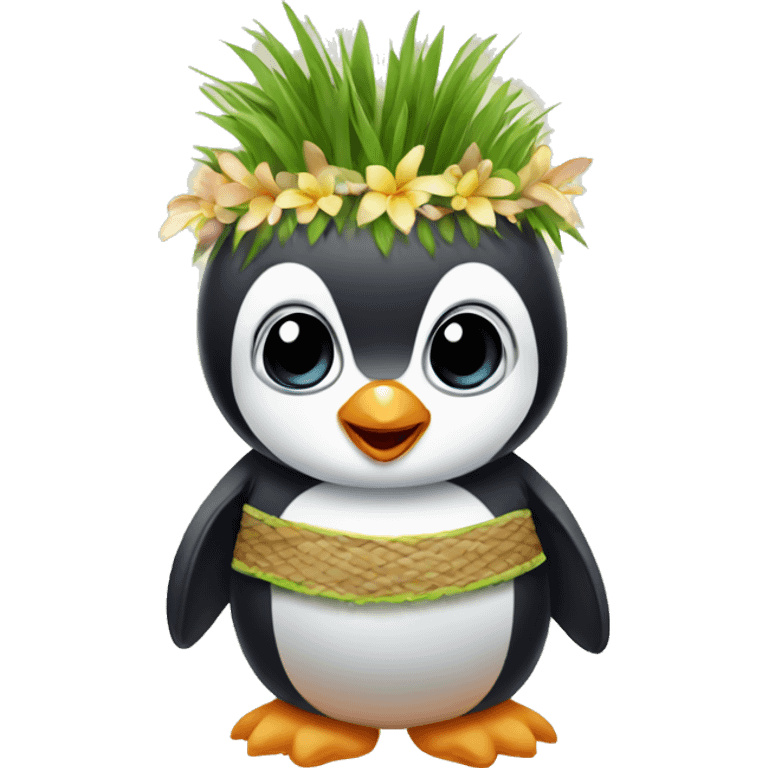 A baby penguin wearing a grass skirt. emoji