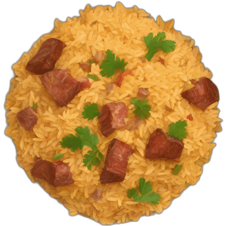 a bowl of Uzbek pilaf with brown pieces of meat emoji