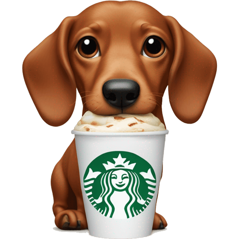 Red wiener dog licking a Starbucks pup cup  emoji