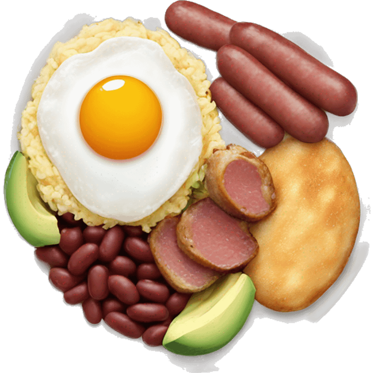 dish with red beans, fried egg, rice, avocado, sausage and fried pork belly emoji