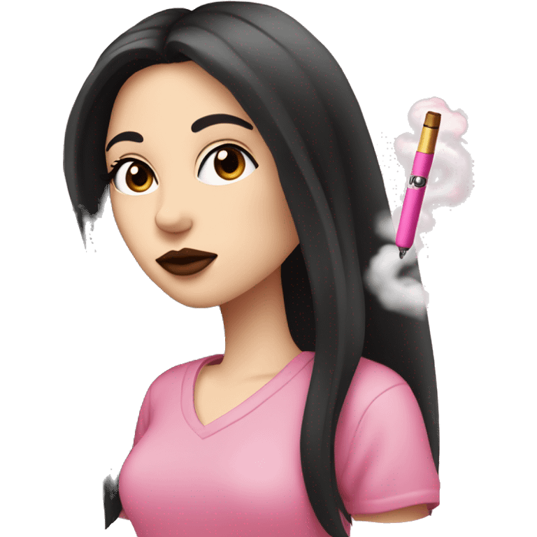 Pale girl with long black hair and brown eyes smoking a pink vape pen with hearts on it emoji