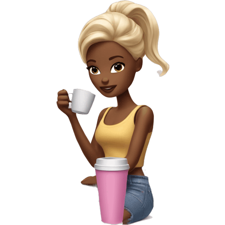 tired barbie with laptop drinking a lot of coffee emoji