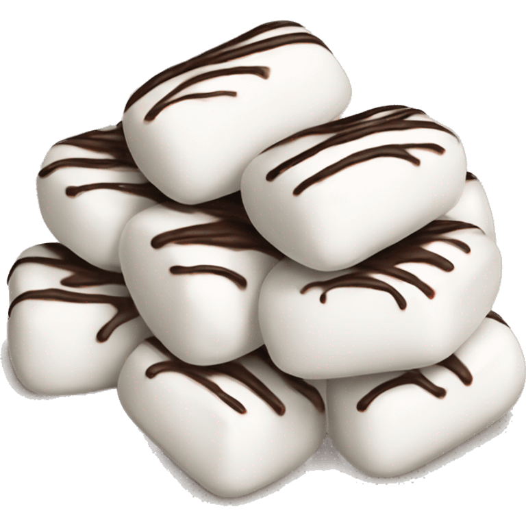 small pile of isolated realistic white marshmallows with chocolate drizzled on  top of them. emoji