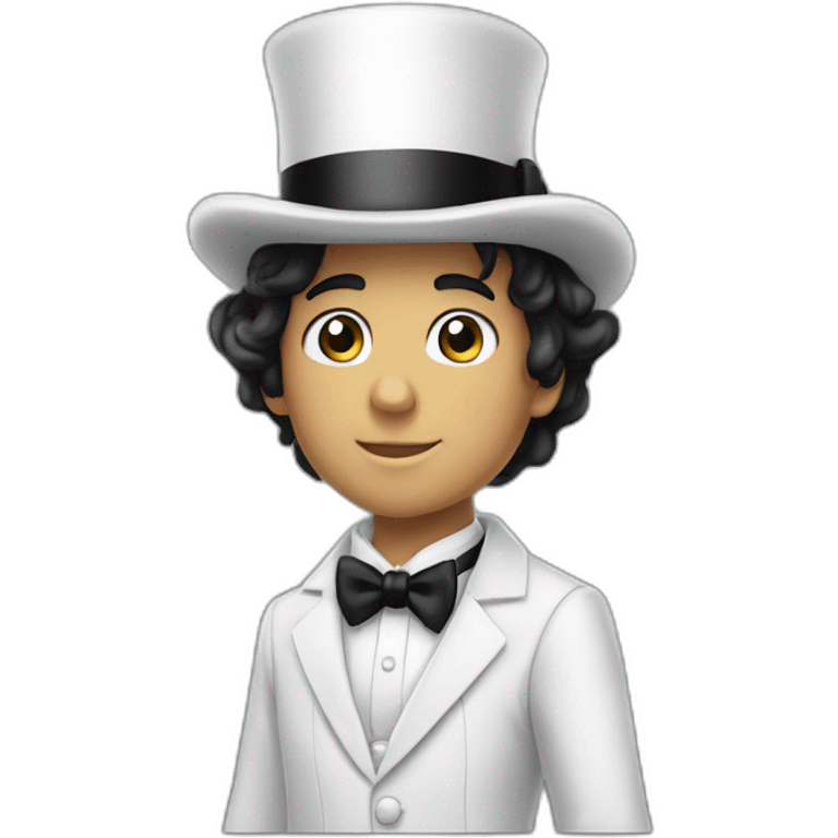 Full body young man white bow tie,, black hair, white bow,, white bow tie, black suit and top hat, emoji