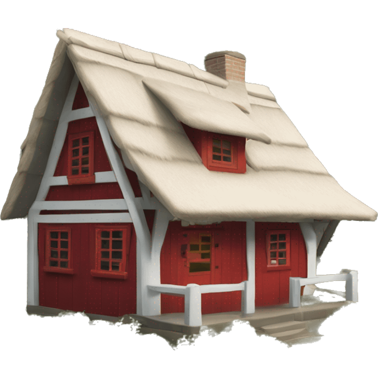 small white cabin with red half-timbering and thatched roof emoji