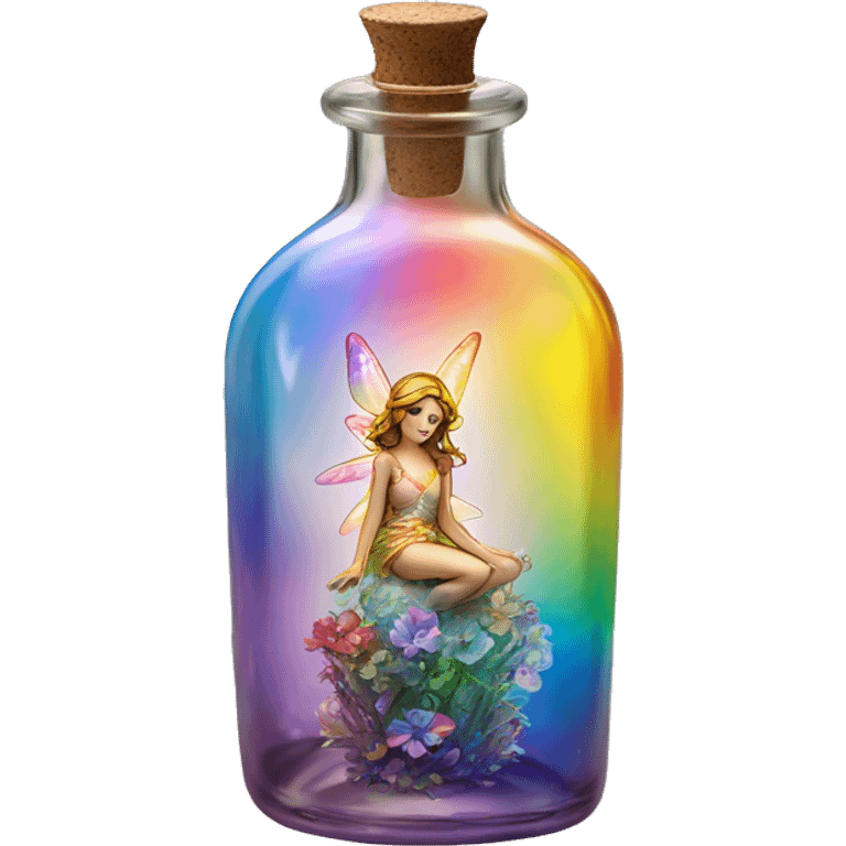 Antique oil bottle made of crystal glass of all delicate colors of the light rainbow, a living flower fairy sits at the bottom of the bottle emoji