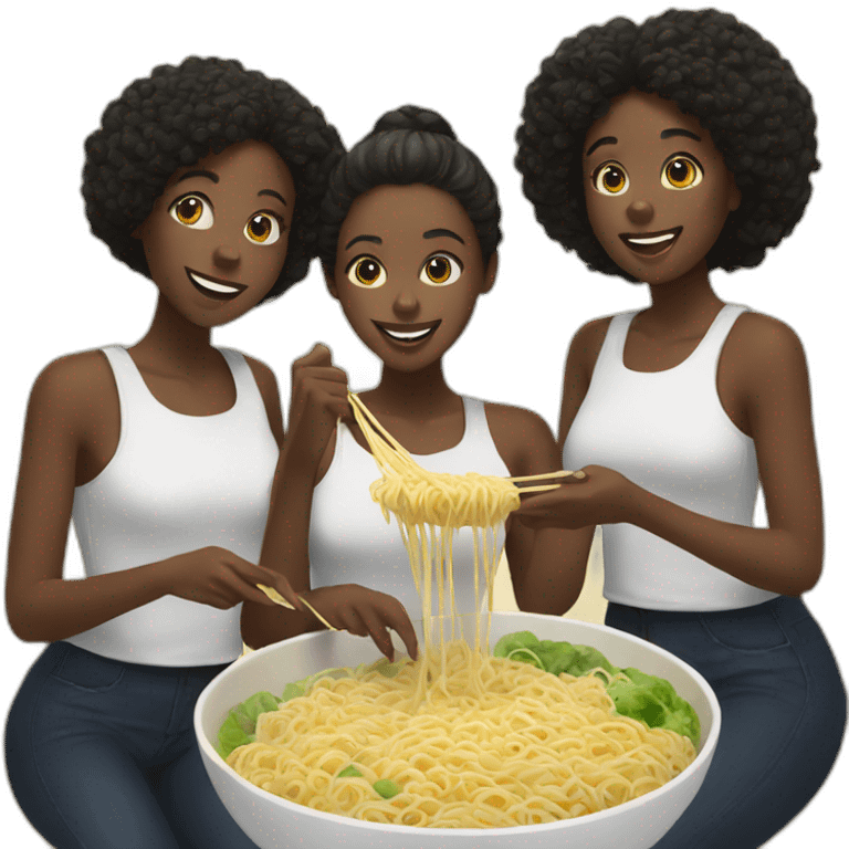 Three black girls sharing a bowl of noodles emoji