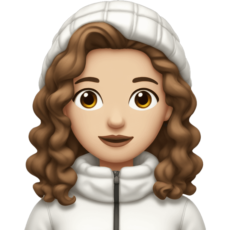 white girl with wavy brown hair and black eyes wearing a white and brown winter outfit emoji