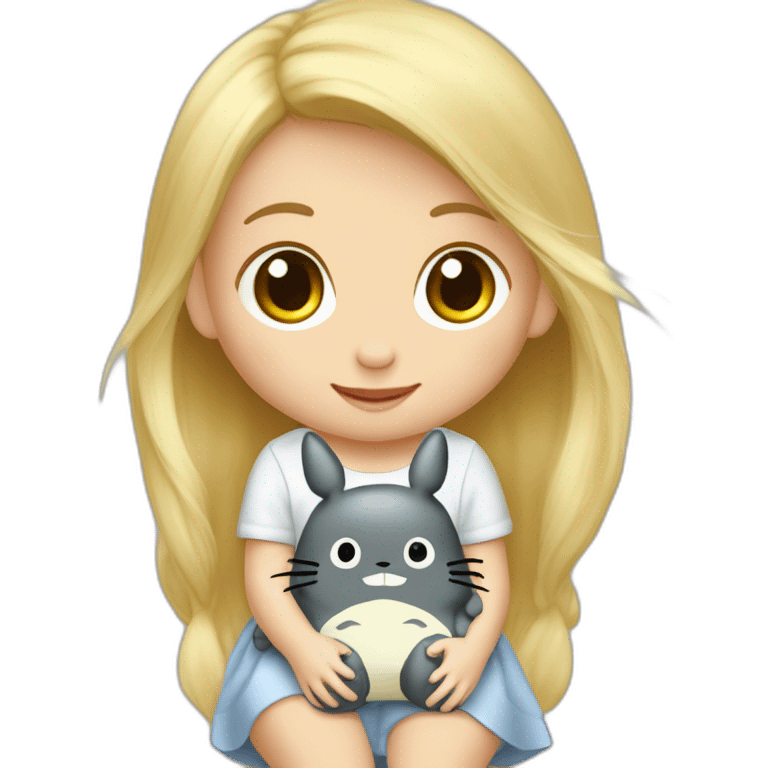 bébé fille blonde décoiffée assise avec une peluche Totoro  emoji