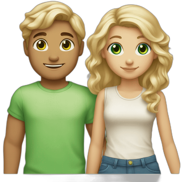 “blonde girl with tan skin and blue eyes” holding hands with “tan boy with long curly brown hair and green eyes” emoji