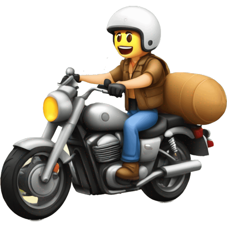 hombre musculoso viajando por carretera en una moto con paisajes lindos de fondo emoji