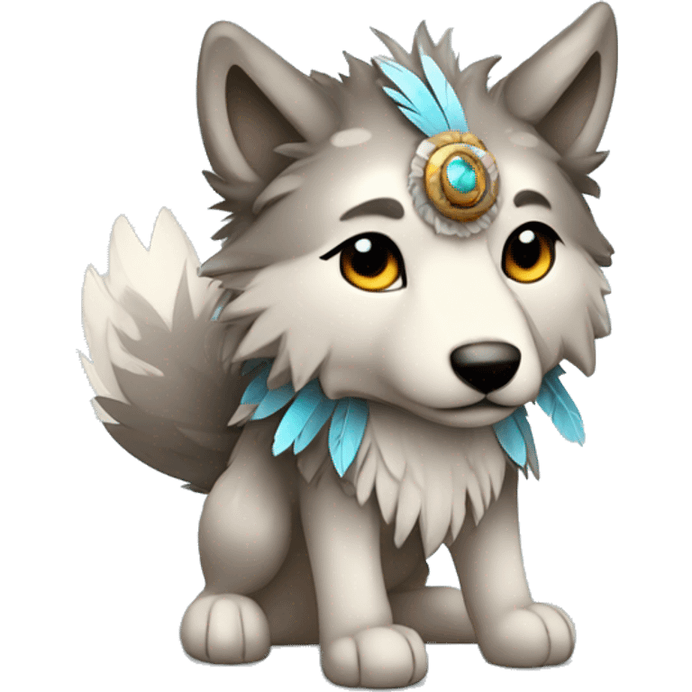 Fluffy Shy Chibi Spiritual Shamanic Wolf With Shiny Tribal Markings wearing feathers Full Body emoji