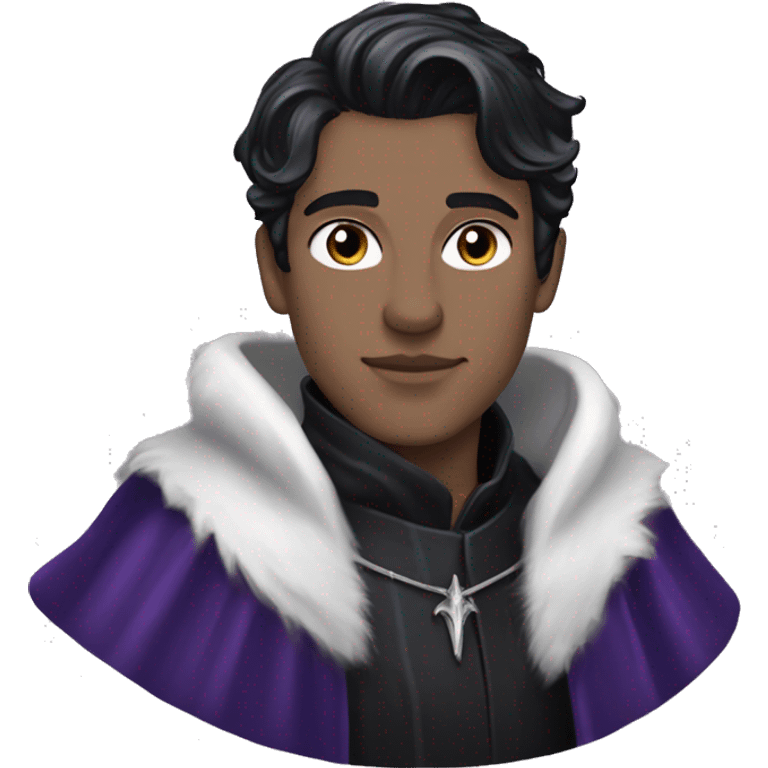 Rhysand has straight short blue-black hair, like a raven's feathers and violet/purple eyes, he wears a black cloak and a black and silver crown emoji