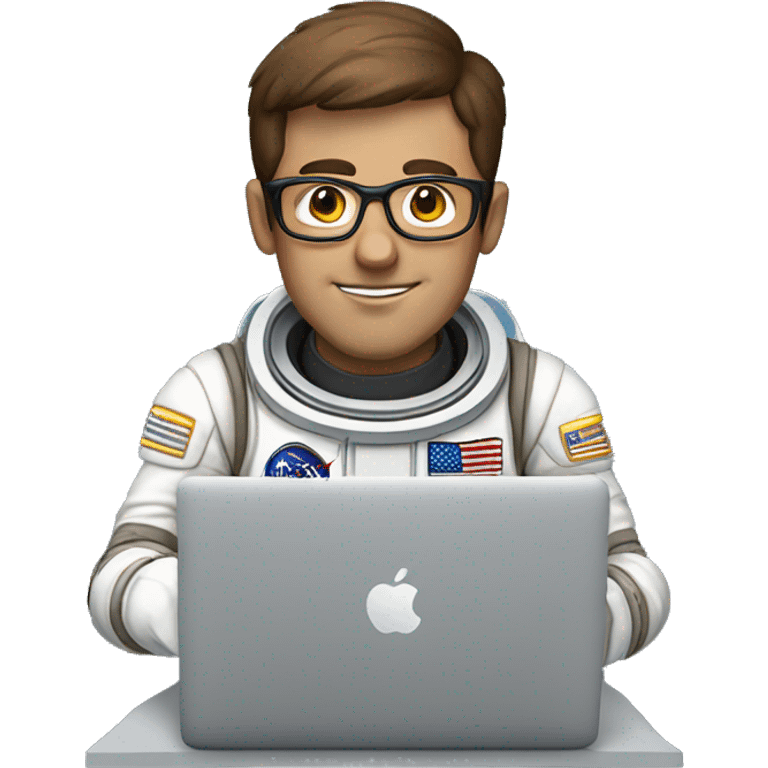 Man in glasses and an astronaut suit working on a MacBook.He has short brown hair and a friendly expression. emoji