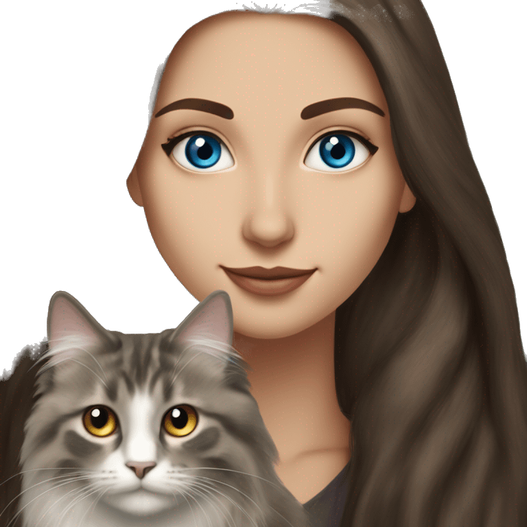 long straight haired blue eyed brunette woman holding norwegian forest cat with amber eyes emoji