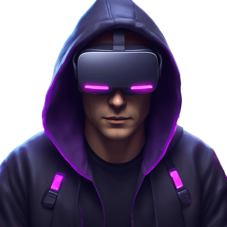 Russian man wearing a black hoodie with "OMG" letters on it and VR headset in a cyberpunk VR environment with violet neon lighting. emoji