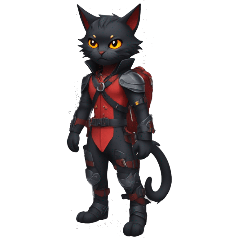 Cool Edgy Fantasy Litten-Nargacuga-Cat with black bat-wing-ears with a red harness full body emoji