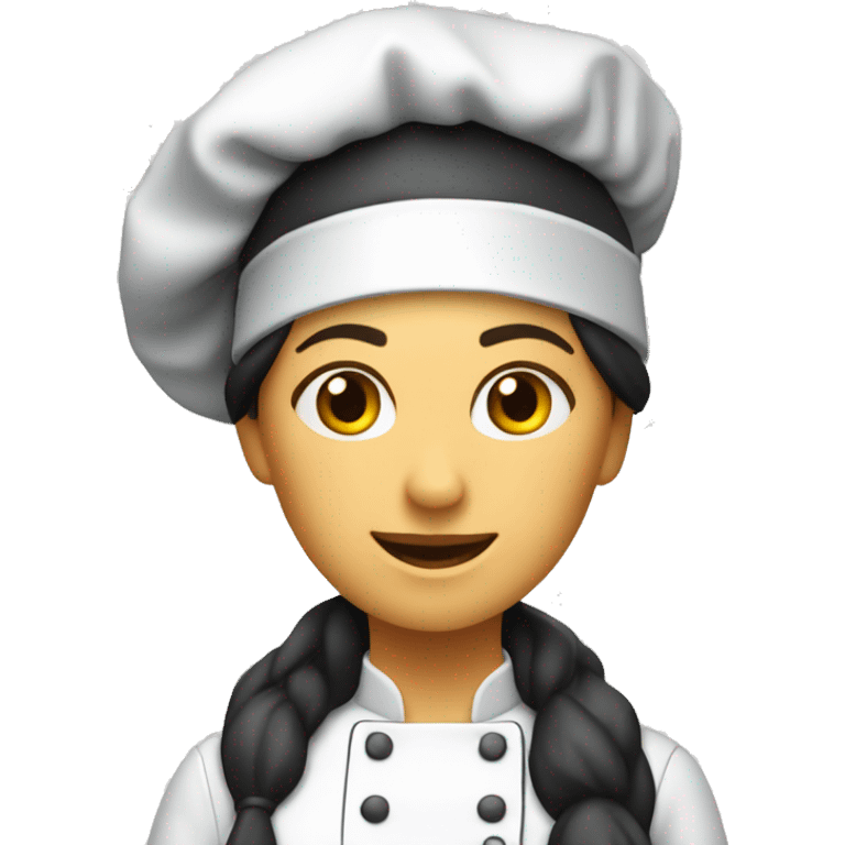 woman with dark hair, wear chef hat, wear chef jacket, raising her left had up emoji