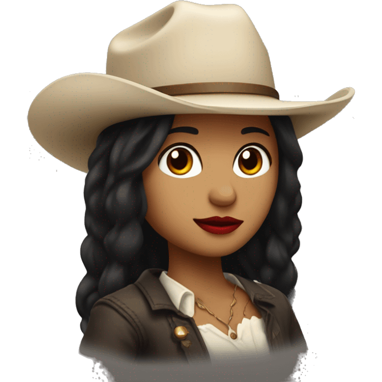 straight black hair,red lipstick,hazel eyes, white skin, a small nose and a cowboy hat  emoji