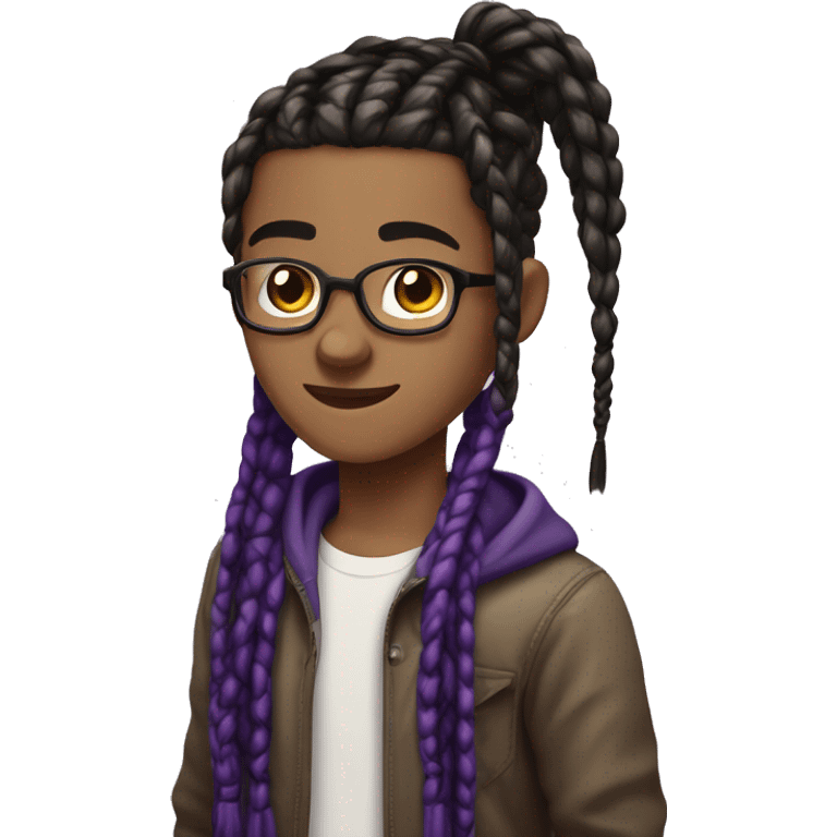 Brown teen nerd androginous boy with black and dark purple box braids showing near the eyes emoji