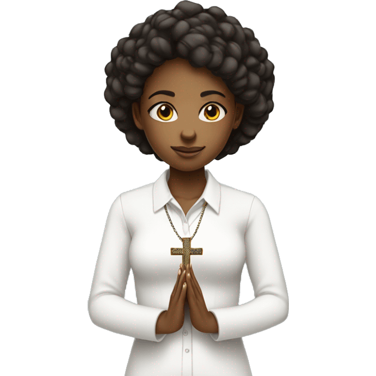 Young Black woman praying with cross necklace in hands white collar shirt emoji