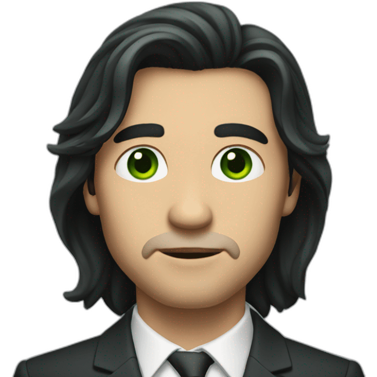 a man with long dark hair in a suit, green eyes emoji