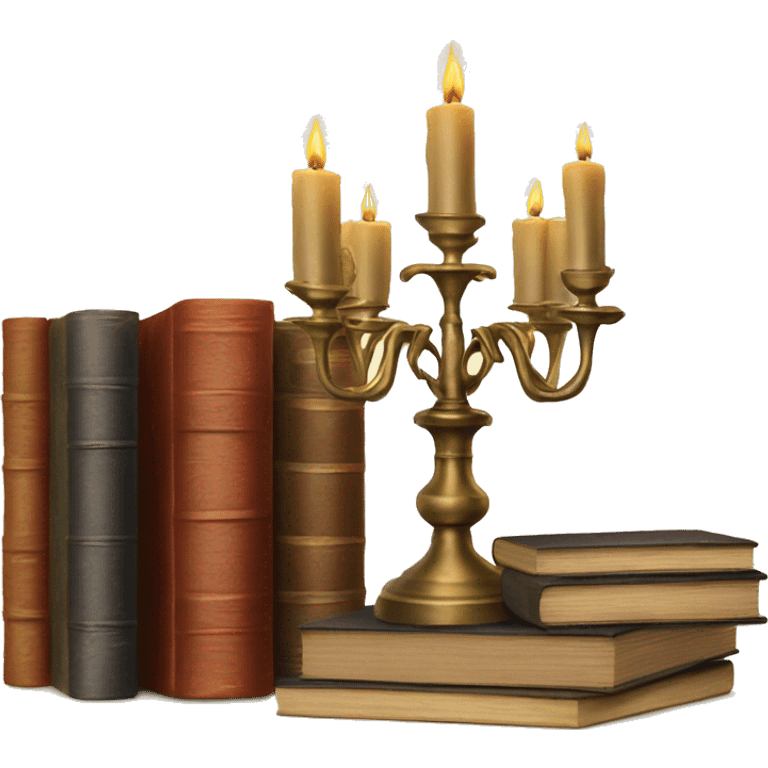 Vintage candelabra with stack of old books behind emoji