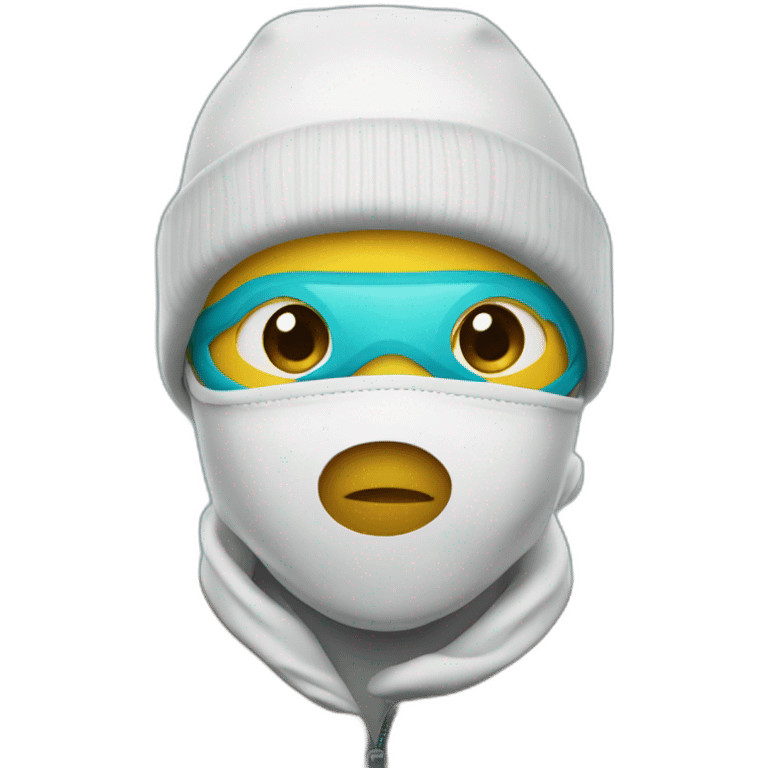 person wearing a beanie with a mask with the letter S on it emoji