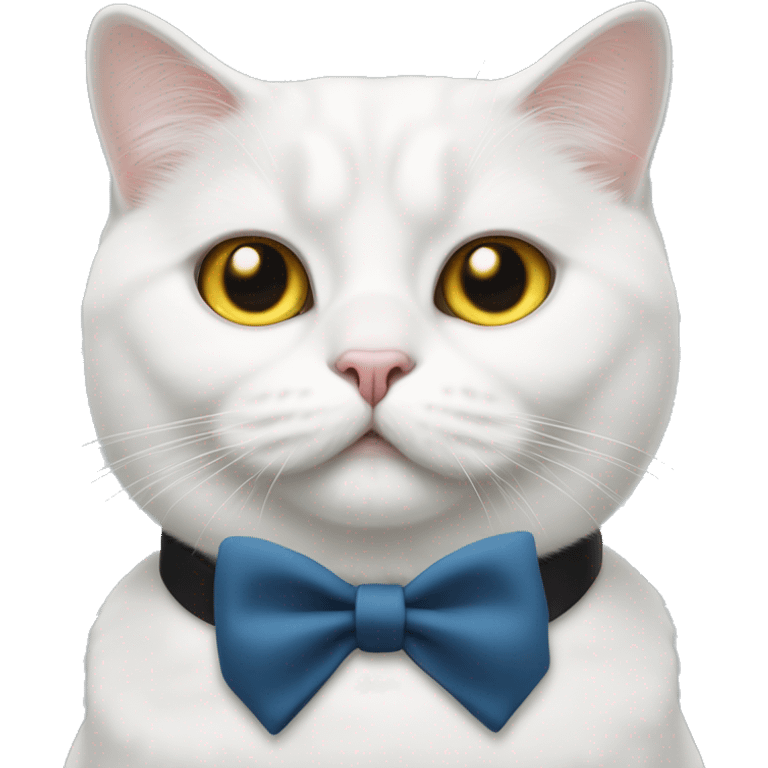 cute plump white british cat with  yellow and blue eyes with a black bow tie on his neck emoji