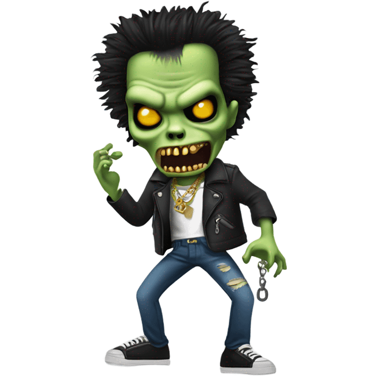 dancing black haired sid vicious zombie, wearing a necklace which has a padlock on it emoji