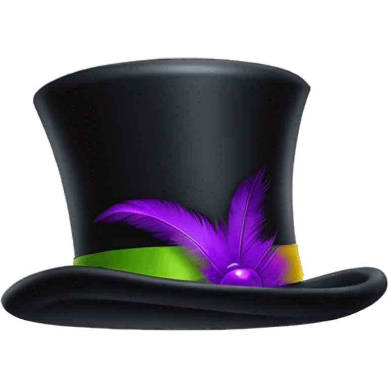 Realistic isolated black voodoo top hat with purple buckle around top of hat with purple,green,and yellow feather stuck in it. emoji