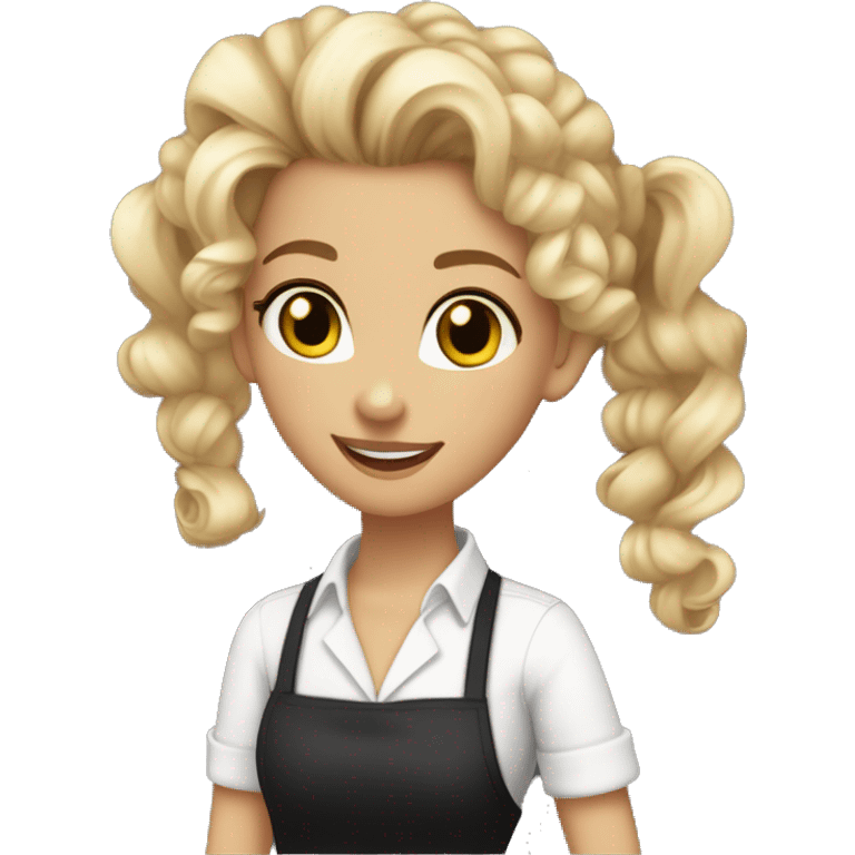 Waitress with white shirt and black apron, curly blonde hair in a pony tail, hazel eyes, lots of bohemian/hippie jewelry and lots of bracelets  emoji