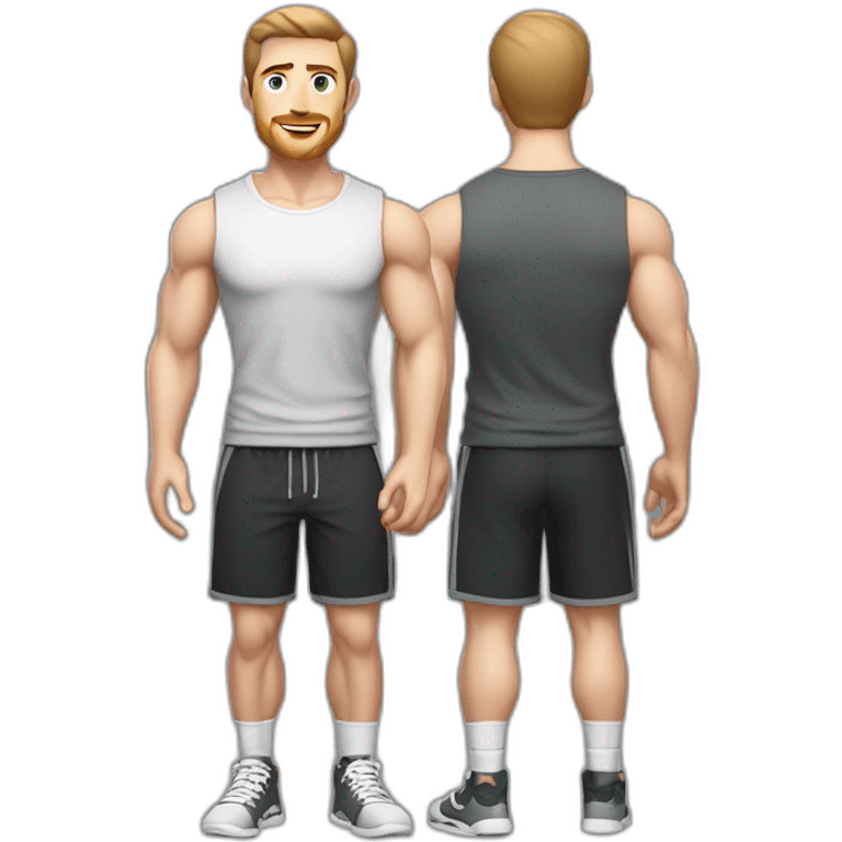 Full height Pale skinned fit man With biceps, Realistic eyes and mouth, light brown hair and stubble In dark gray sleeveless mike, black oversize sports shorts, watch and white sneakers. emoji